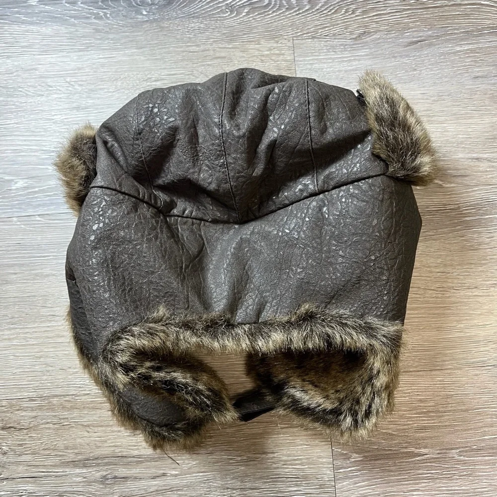 Y2k Trapper Hat Unisex OS Brown Faux Leather Fur Aviator Bomber Cap A045